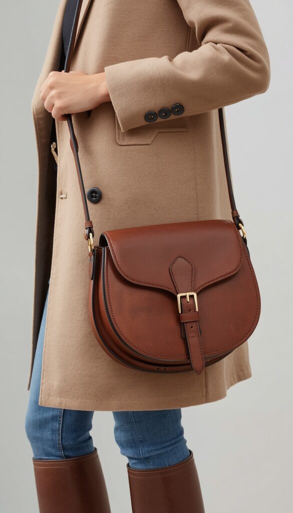 Equestrian-inspired saddlebag with a curved leather design and classic detailing, creating a timeless, elegant, and effortlessly chic fashion accessory look