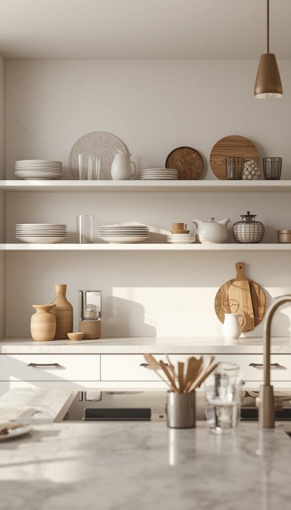 Open shelving kitchen with airy design and personalized decor, featuring neatly styled shelves that create a modern, clean, and inviting space