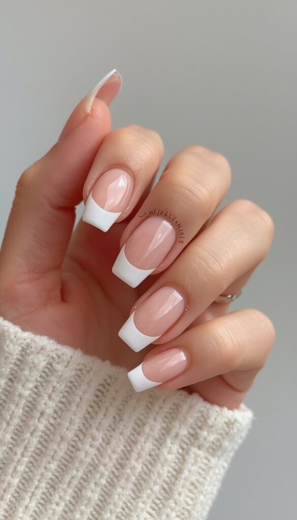 Negative space French tip nails with a transparent base and modern tip design, creating a clean, minimalist, and trendy manicure look