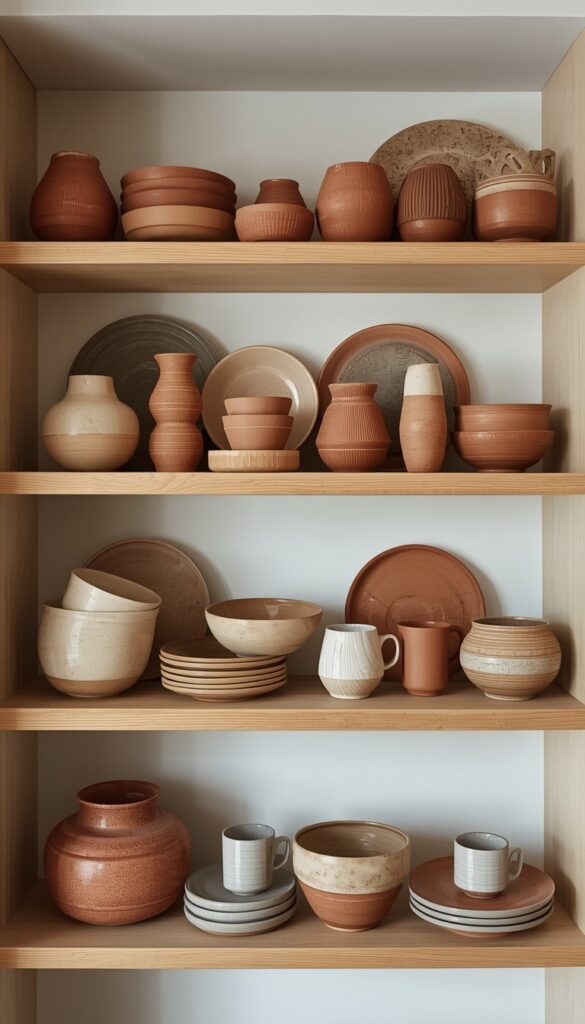 Open shelving styled with eclectic pottery and ceramics, featuring a mix of handmade pieces creating a warm, artistic, and modern kitchen aesthetic