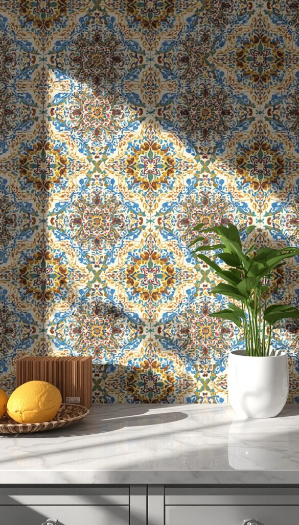 Patterned Moroccan or Talavera backsplash tiles with vibrant colors and intricate designs, creating a bold, artistic, and eye-catching kitchen feature