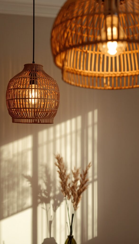 Rattan and wicker light fixtures creating a warm, natural, and cozy interior with woven textures and soft ambient lighting