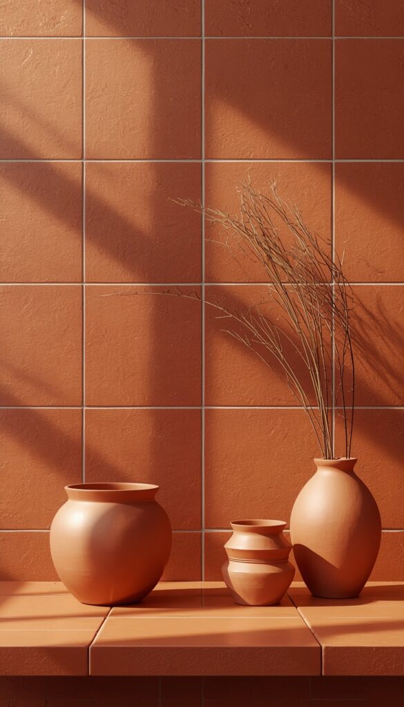 Terracotta tiles, pots, and decor accents creating a warm earthy interior design with natural textures and a cozy modern aesthetic