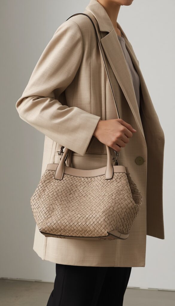 Bottega Veneta Andiamo bag in woven leather with a minimalist luxury design, styled with a neutral outfit for an elegant and understated fashion look