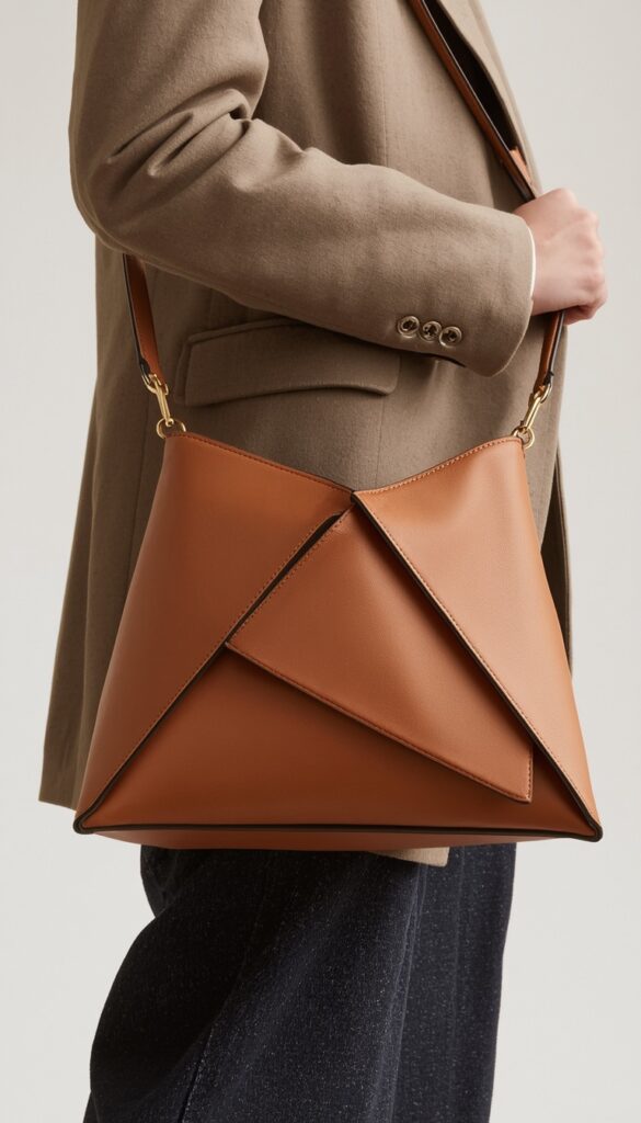 Loewe Puzzle Bag with geometric leather panels and architectural design, styled for a modern, chic, and luxury fashion look