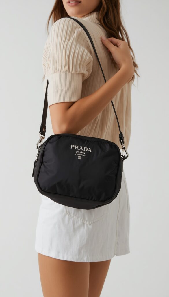 Prada Re-Edition 2000 Mini bag with a sleek nylon Y2K design, styled for a trendy, nostalgic, and effortlessly chic fashion look