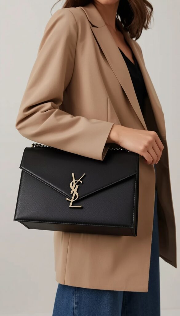 Saint Laurent Le 5 à 7 shoulder bag with minimalist design and YSL logo, styled for an effortless French girl look with timeless and understated luxury