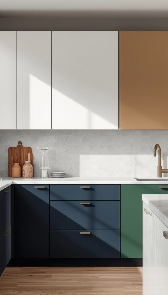 Two-tone kitchen cabinets with contrasting colors creating a bold, modern, and stylish kitchen design with depth and visual interest