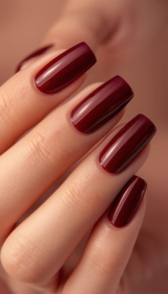 Close-up of deep burgundy nails with glossy finish, rich dark red color, and a classy winter aesthetic