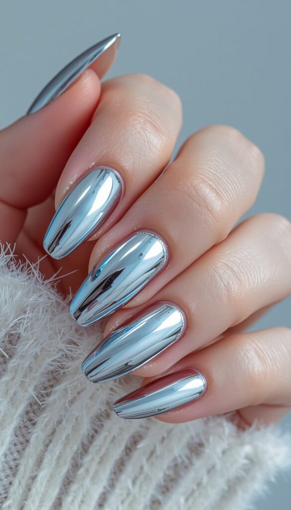 Close-up of icy chrome nails with reflective metallic finish, cool tones, and a sleek winter aesthetic