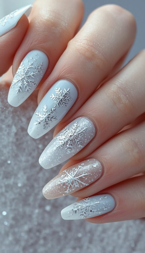 Close-up of snowflake nail art with delicate white designs, soft winter tones, and a festive elegant aesthetic