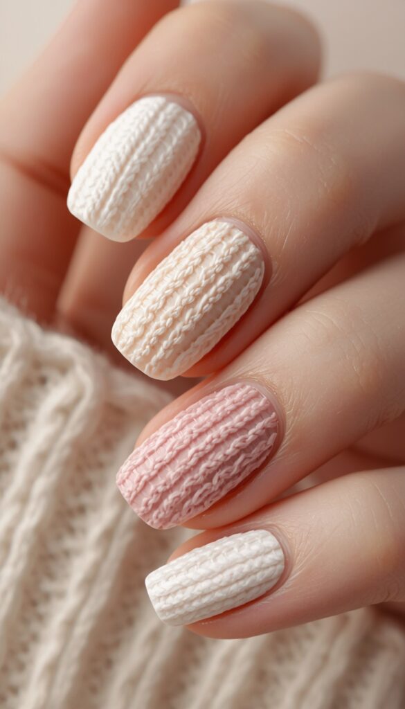 Close-up of sweater texture nails with 3D knit pattern, matte finish, neutral tones, and a cozy winter aesthetic