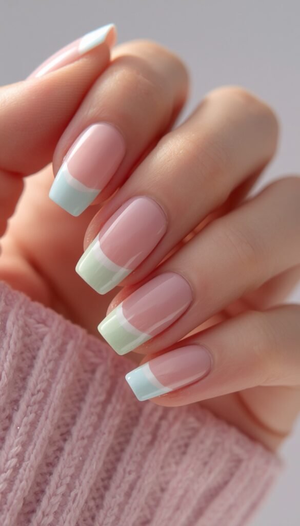 Pastel French tip nails with soft spring colors, glossy finish, and a clean elegant modern aesthetic