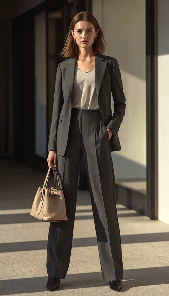 Woman in an elevated office outfit with a dumpling bag, tailored look, neutral tones, and a modern professional aesthetic