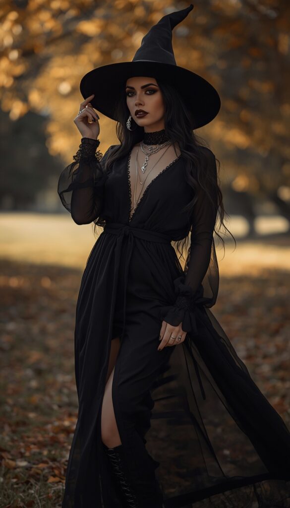 Woman in a classic witch aesthetic outfit with a black dress, hat, and boots, creating a stylish and mysterious Halloween look