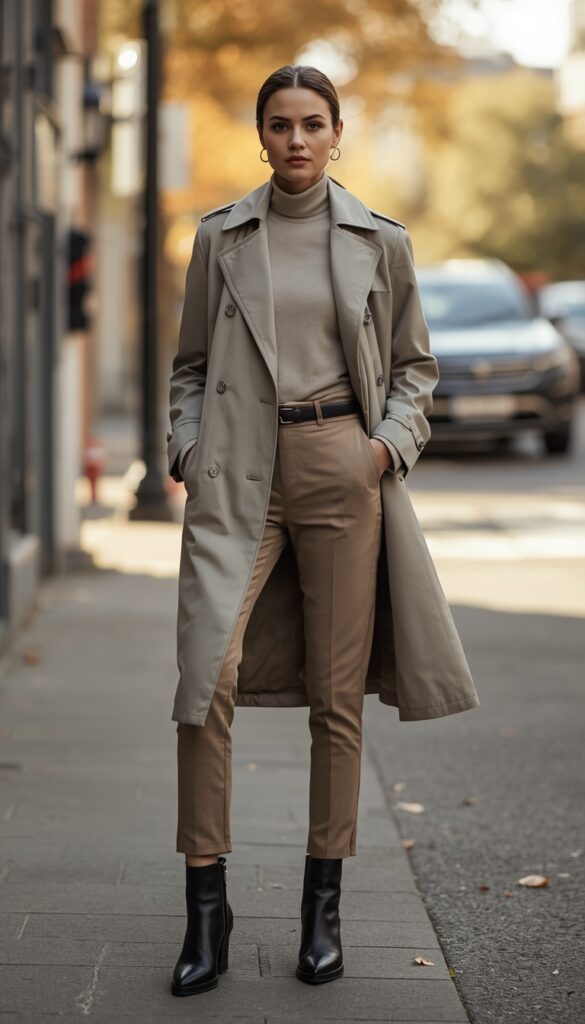 Woman in a beige trench coat outfit, polished fall style, neutral tones, and a chic modern aesthetic