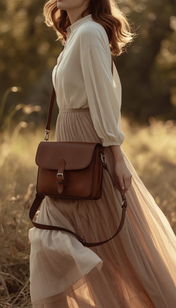 Woman in a blouse and maxi skirt with a messenger bag, soft flowing outfit, neutral tones, and a romantic poetcore aesthetic
