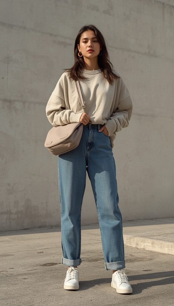 Woman in casual street style with a dumpling bag, relaxed outfit, urban setting, and a trendy effortless look