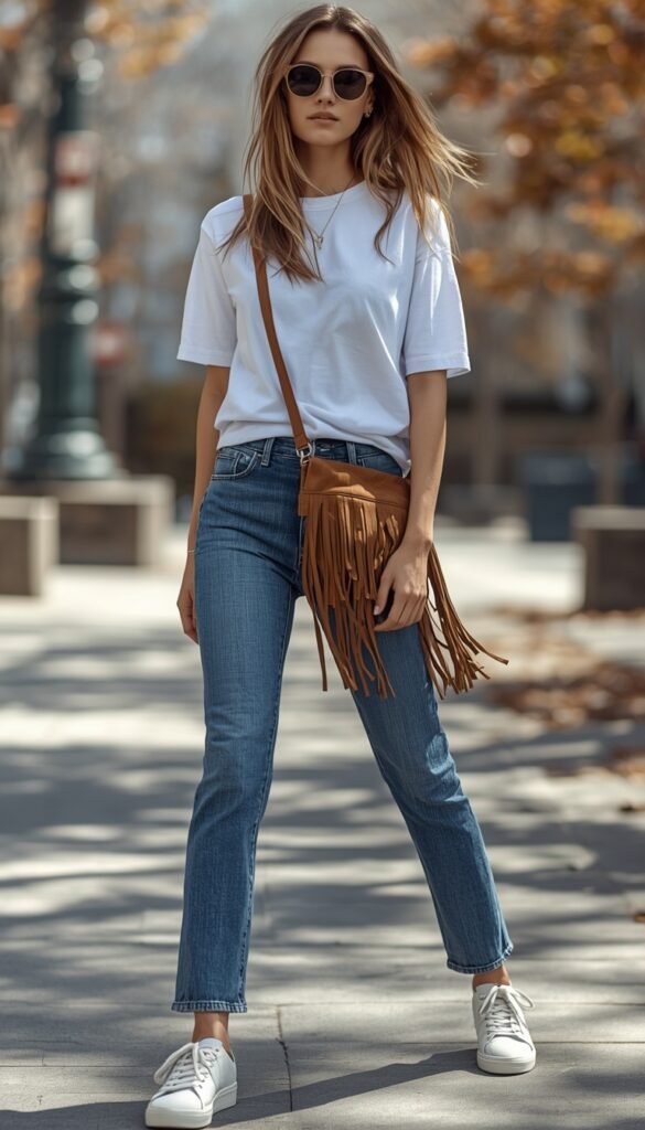 Woman in denim jeans and white tee with a boho fringe bag, casual spring outfit, and a relaxed stylish aesthetic