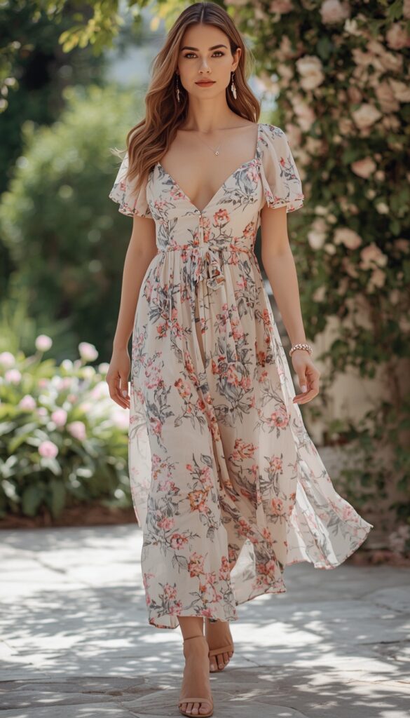 Woman in a floral midi dress, soft pastel tones, elegant baby shower outfit, and a fresh feminine aesthetic