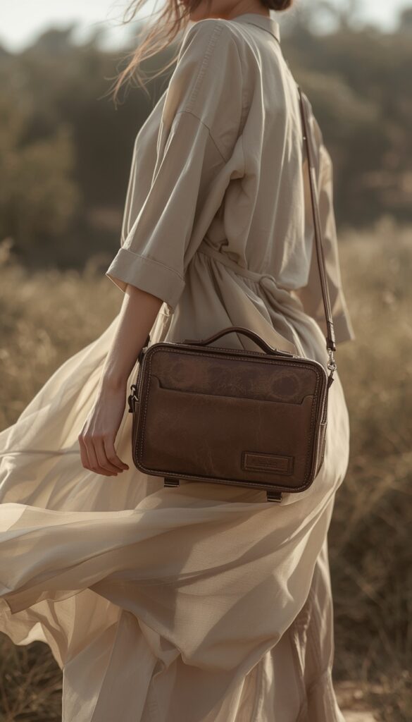 Woman in a flowing dress with a messenger bag, soft romantic outfit, natural tones, and a dreamy poetcore aesthetic