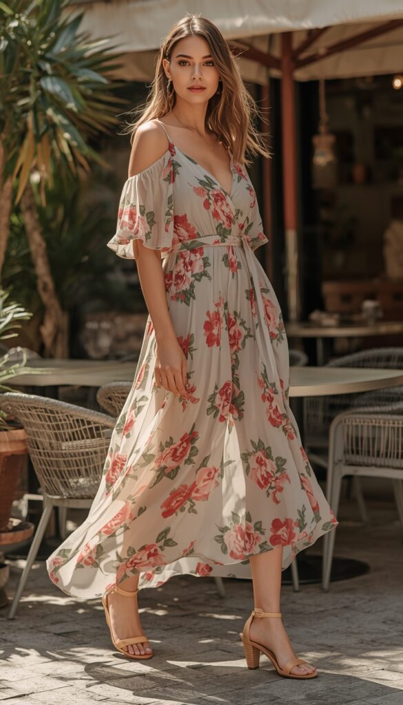Woman in a floral dress with sandals, soft prints, sunny brunch setting, and a fresh feminine aesthetic