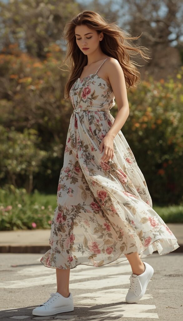 Woman in a floral dress with sneakers, fresh spring outfit, soft prints, and an effortless casual chic aesthetic