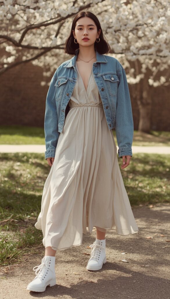 Woman in a midi dress with a denim jacket, fresh spring outfit, soft tones, and a stylish casual layered look