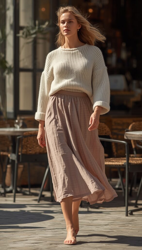 Woman in a linen set outfit, neutral tones, breathable summer style, and an effortless chic brunch aesthetic