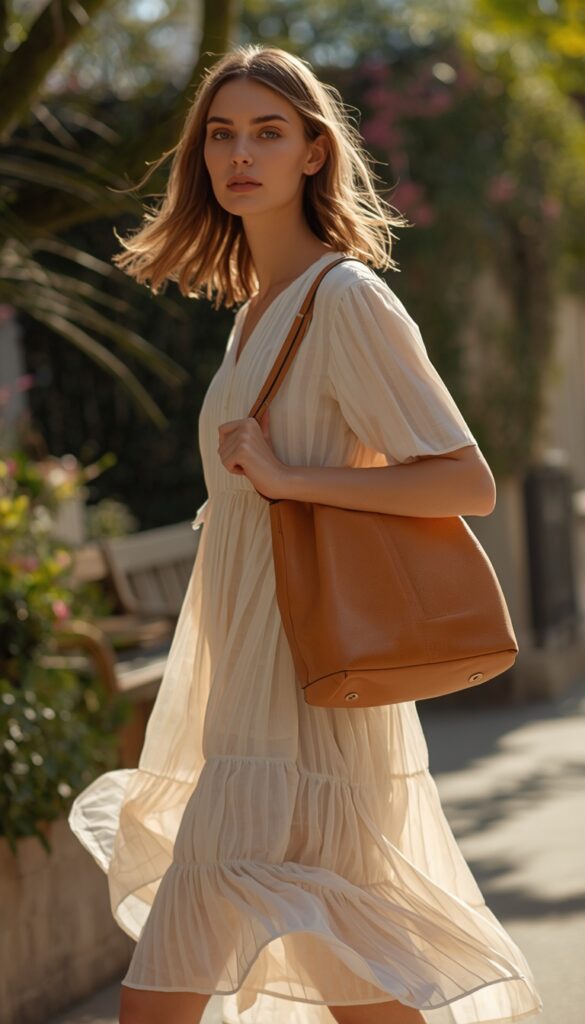 Woman in a summer dress with a dumpling bag, soft tones, sunlit setting, and an airy feminine aesthetic