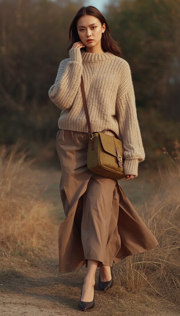 Woman in a knit sweater and midi skirt with a messenger bag, cozy neutral outfit, and a soft romantic poetcore aesthetic