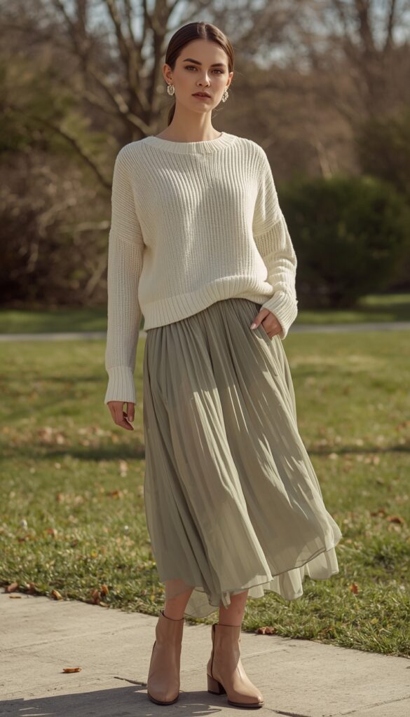Woman in a lightweight knit sweater with a skirt, soft spring outfit, airy silhouette, and a feminine elegant aesthetic