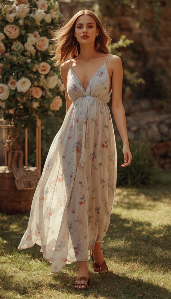 Woman in a maxi dress with sandals, soft flowing fabric, elegant baby shower outfit, and a relaxed feminine aesthetic