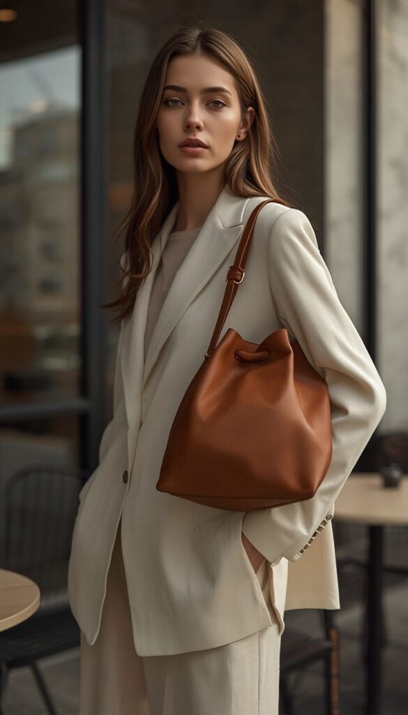 Woman in a minimal neutral outfit with a dumpling bag, soft tones, clean style, and an effortless modern aesthetic
