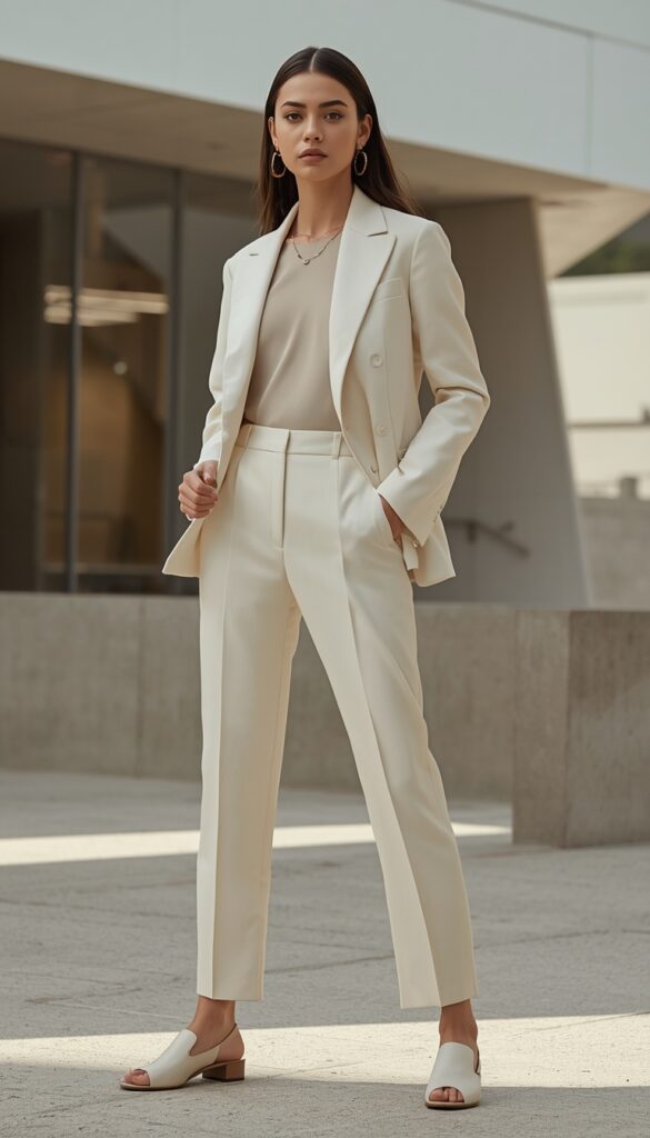 Woman in a minimal neutral spring outfit, soft tones, clean style, and an effortless elegant aesthetic