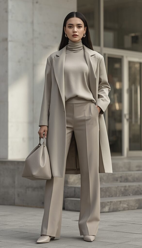 Woman in a monochrome outfit with a dumpling bag, coordinated tones, layered style, and a sleek modern aesthetic