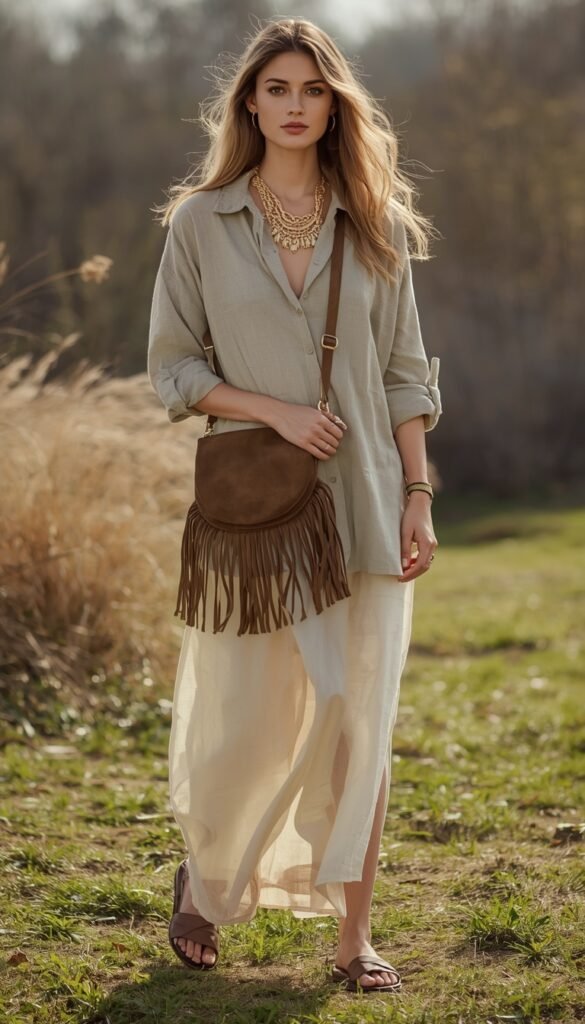 Woman in a neutral earthy outfit with a boho fringe bag, soft tones, relaxed silhouette, and a calm stylish spring aesthetic