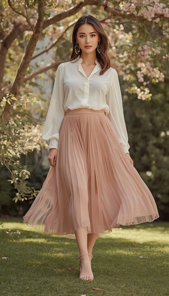 Woman in a skirt and blouse combo, soft pastel tones, elegant baby shower outfit, and a polished feminine aesthetic