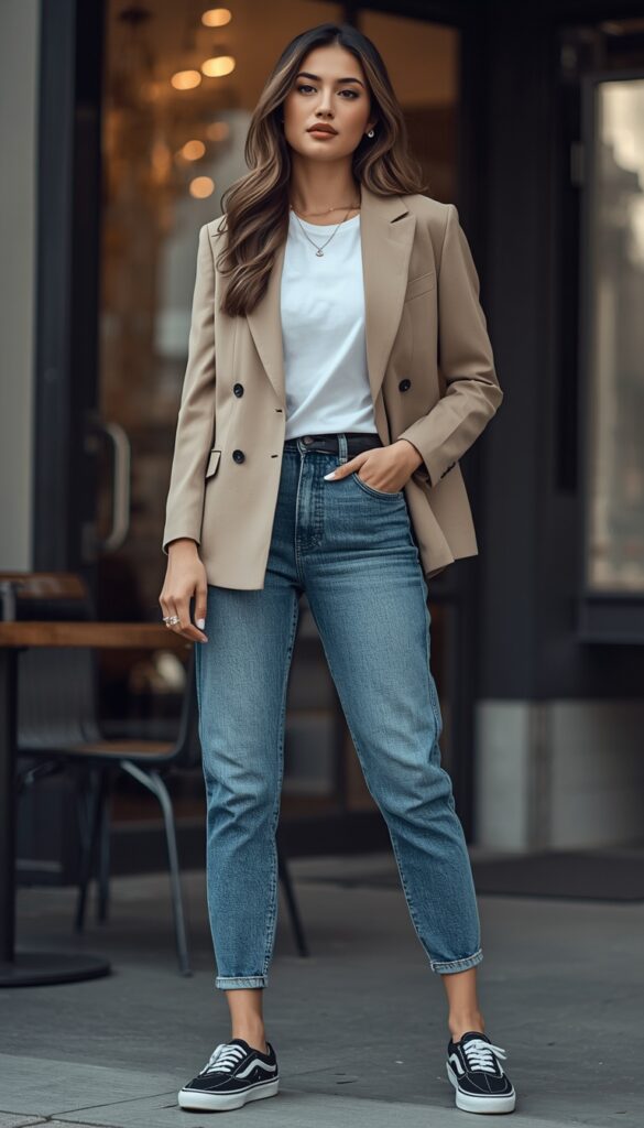 Woman in a blazer with casual basics, modern spring outfit, neutral tones, and an effortless smart-casual aesthetic