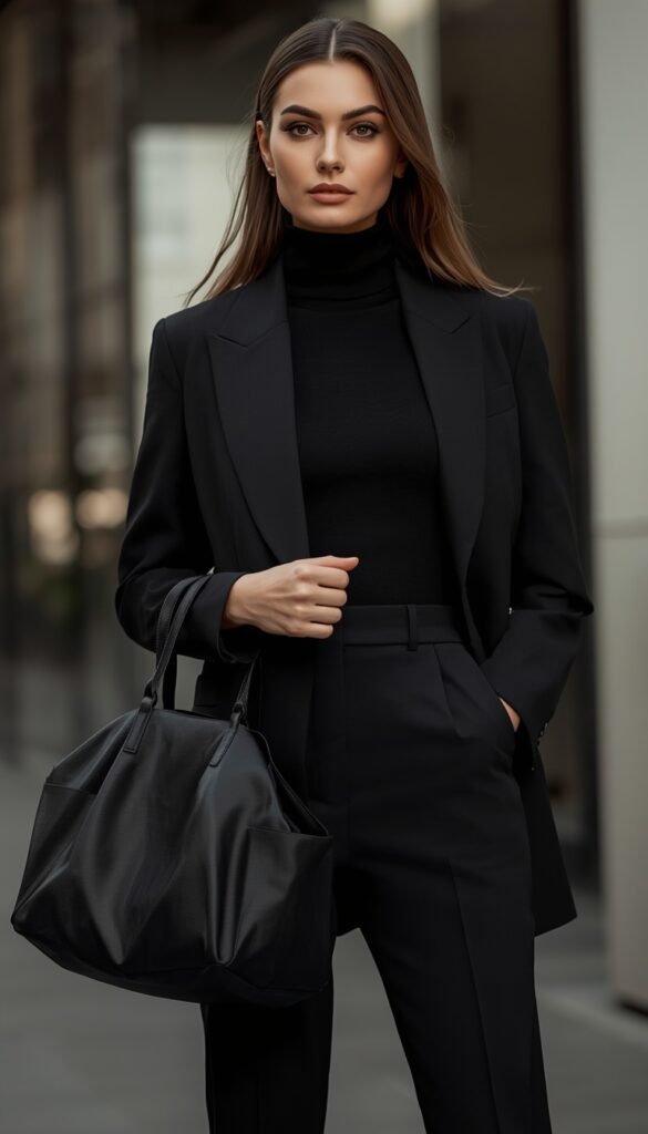 Woman in an all-black outfit with a dumpling bag, sleek silhouette, monochrome style, and a modern chic aesthetic