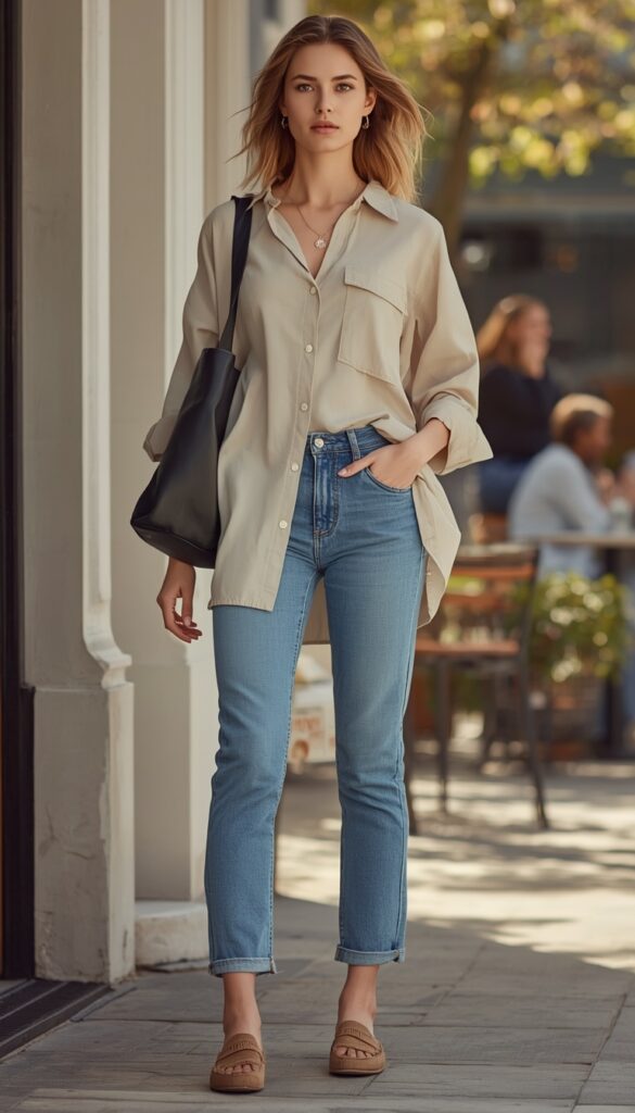 Woman in an oversized shirt with jeans, relaxed spring outfit, soft tones, and an effortless casual chic aesthetic