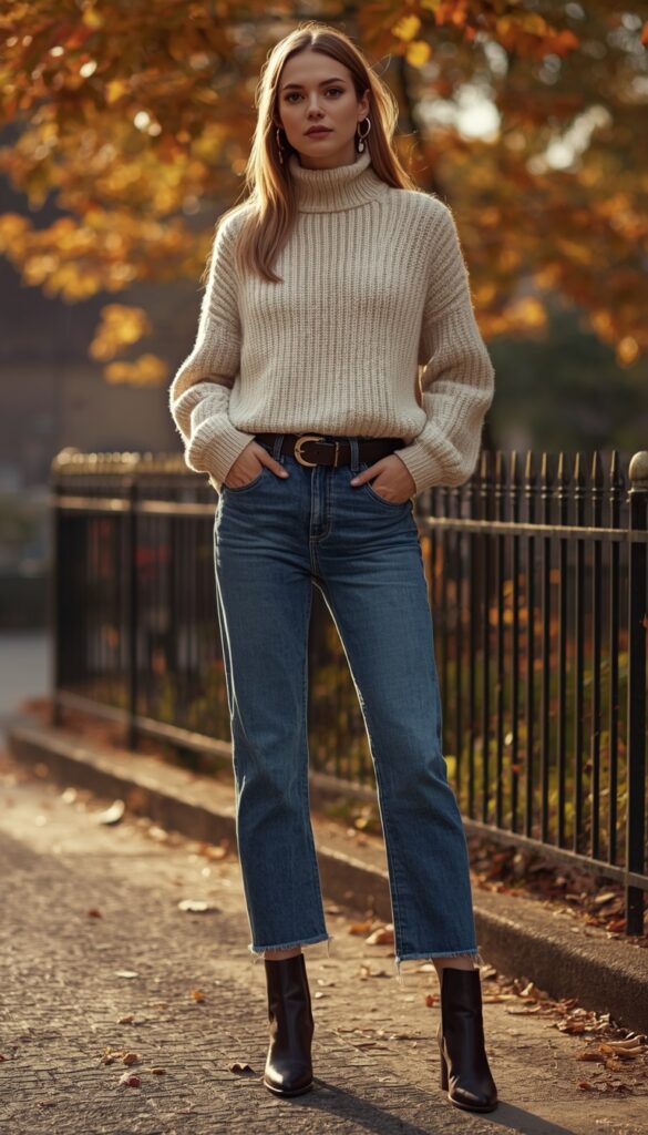 Woman in oversized sweater and jeans, cozy fall outfit, neutral tones, and a relaxed stylish aesthetic
