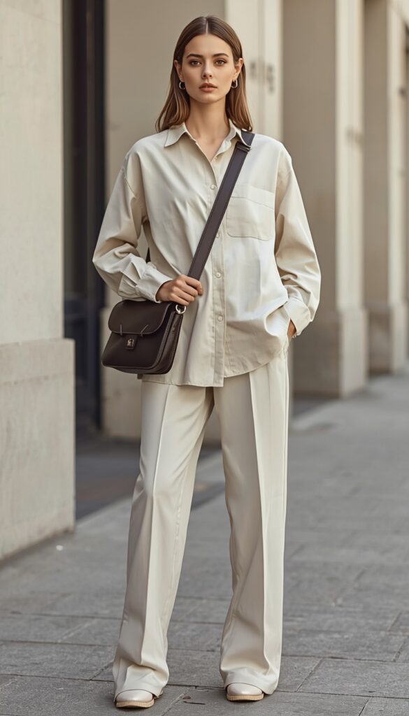 Woman in an oversized shirt and trousers with a messenger bag, relaxed neutral outfit, and a modern poetcore aesthetic