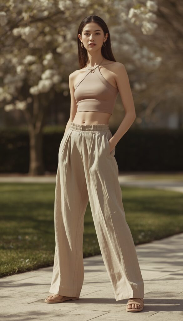 Woman in wide-leg pants with a crop top, modern spring outfit, soft tones, and an effortless stylish aesthetic