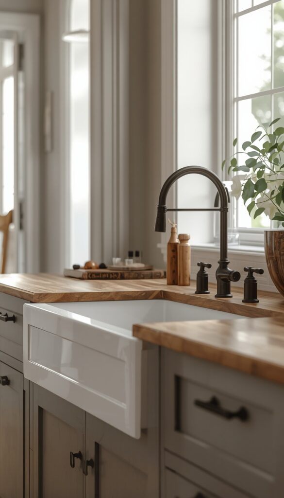 Farmhouse kitchen with apron front sink, white ceramic basin, rustic wood accents, and a warm cozy aesthetic