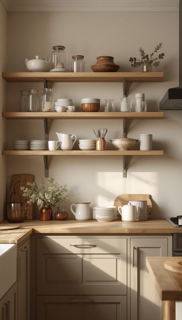 Farmhouse kitchen with wooden open shelving, neatly styled dishes and jars, warm tones, and a cozy rustic aesthetic