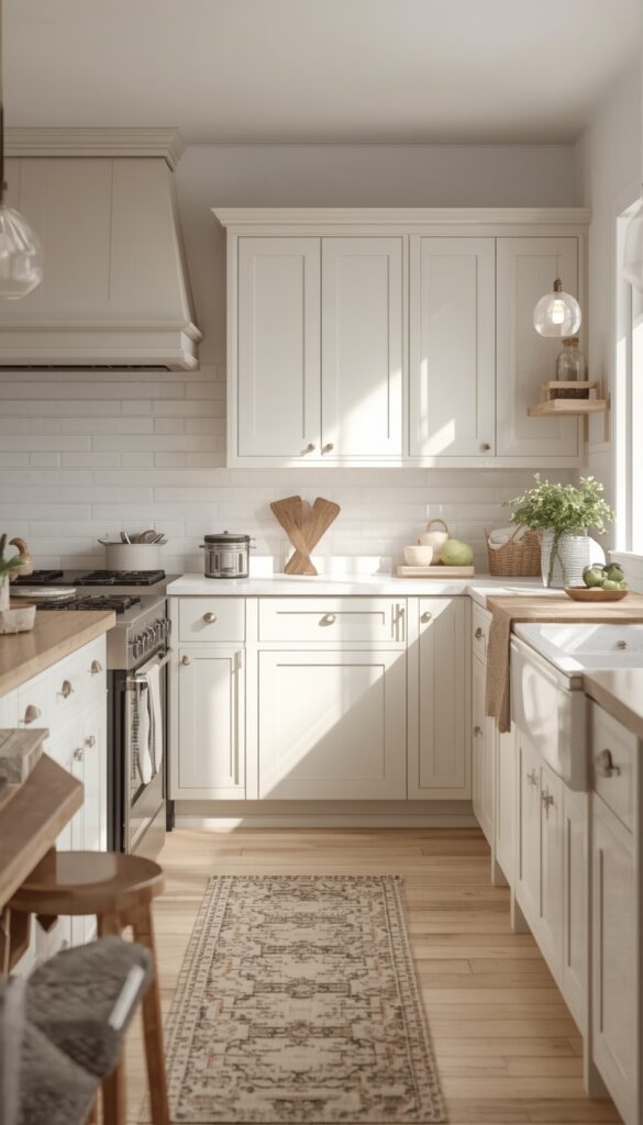 Farmhouse kitchen with neutral color palette, soft tones, warm wood accents, and a calm cozy aesthetic