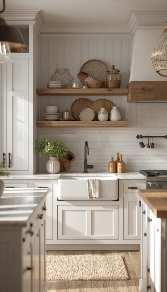 Farmhouse white kitchen with rustic wood accents, apron sink, cozy textures, and a bright inviting aesthetic