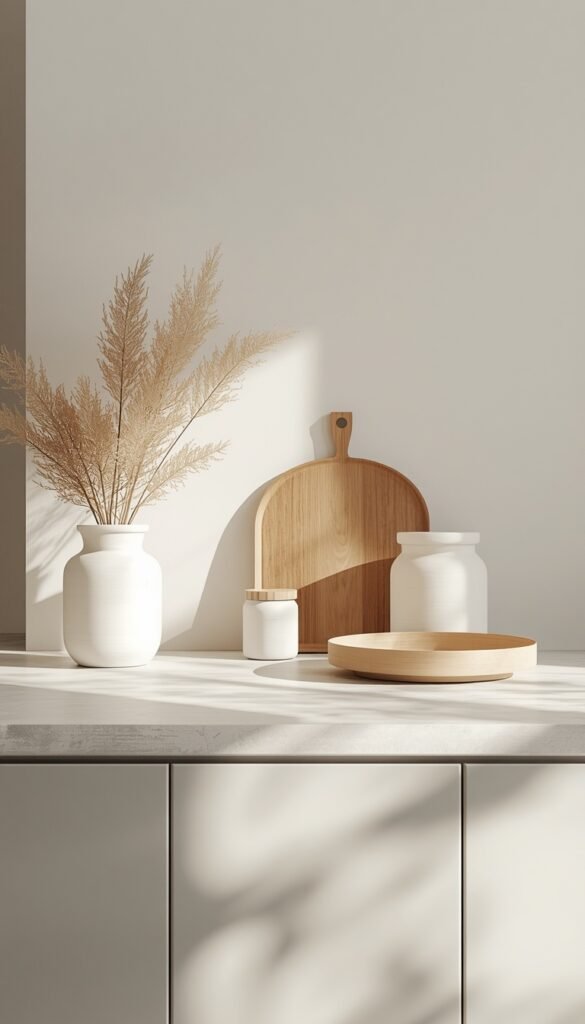 Kitchen countertop styled in neutral tones with minimal decor, soft colors, and a clean modern aesthetic