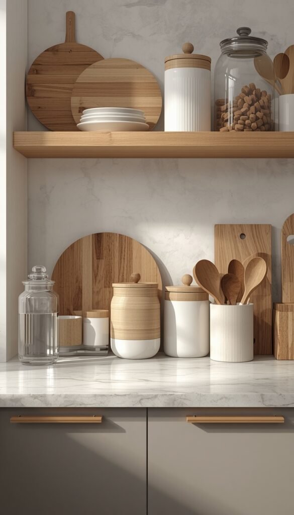 Kitchen countertop with stylish essentials like jars and cutting boards, organized layout, neutral tones, and a modern functional aesthetic